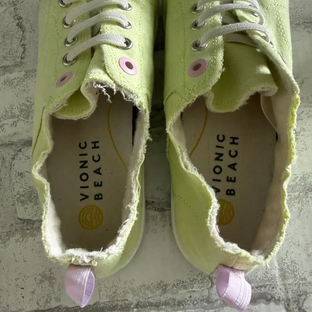 Vionic Pismo Pale Lime Canvas Pink Eyelet Sporty Washable Slip On Sneakers Sz 9 - Picture 4 of 7